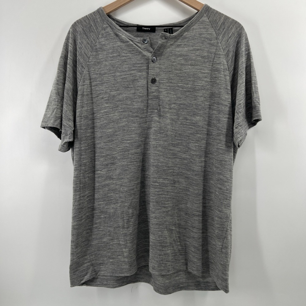 Theory Henley Shirt Men Sz XL Gray Wool Short Sleeve Crewneck Pullover Luxury